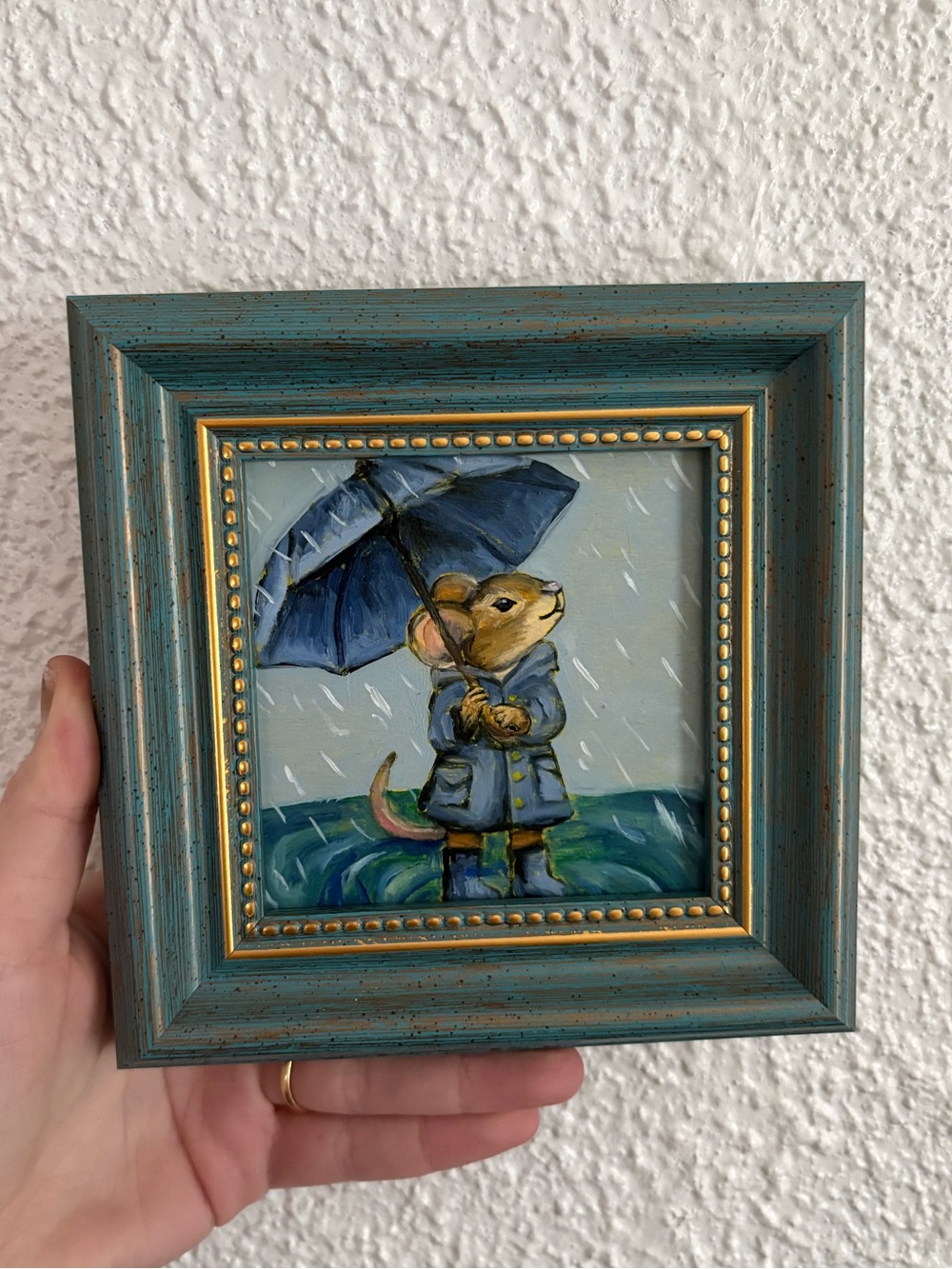 "Mouse in the Rain” Original oil painting on wood board mini framed 4x4"